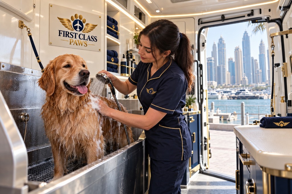 Golden retriever being rinsed in the van