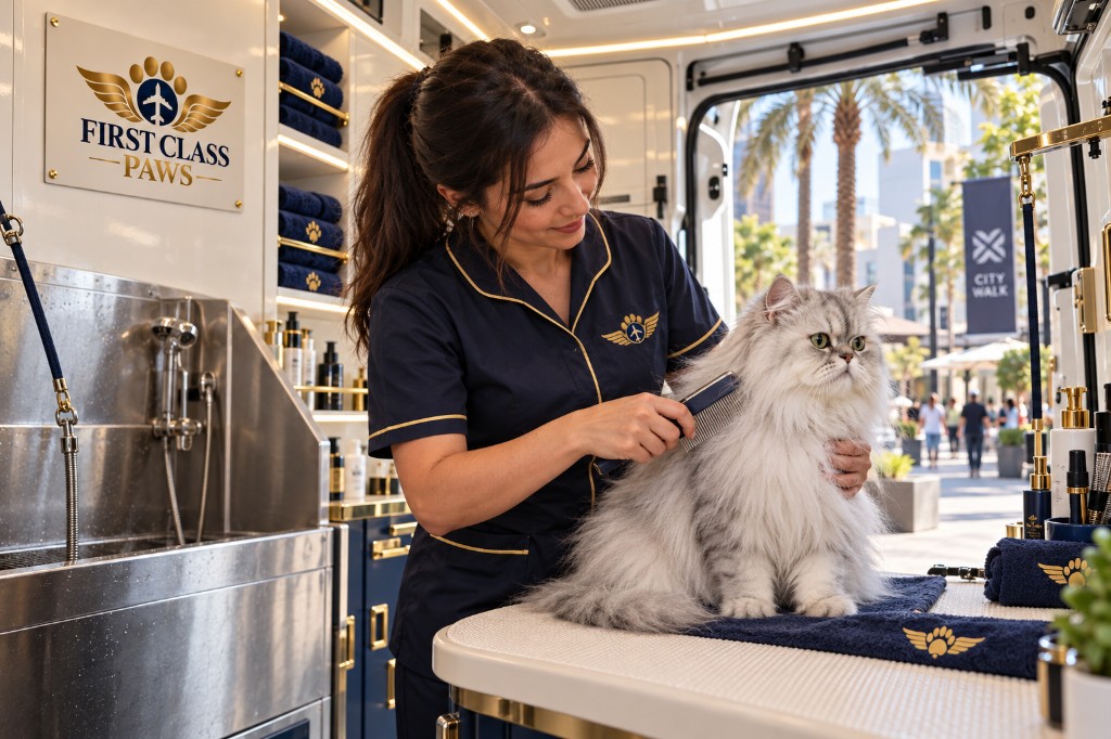 Chinchilla Persian being combed in the van
