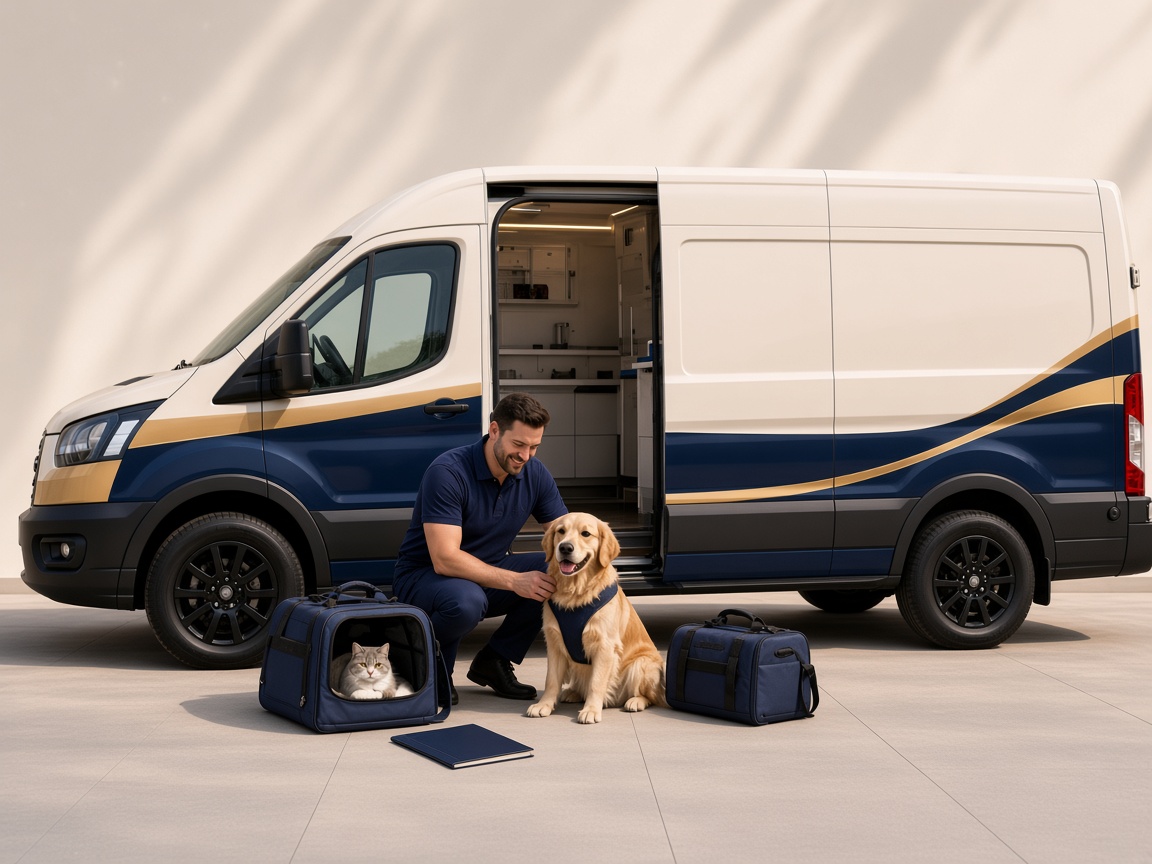 A dog and a cat ready to travel beside the First Class Paws van